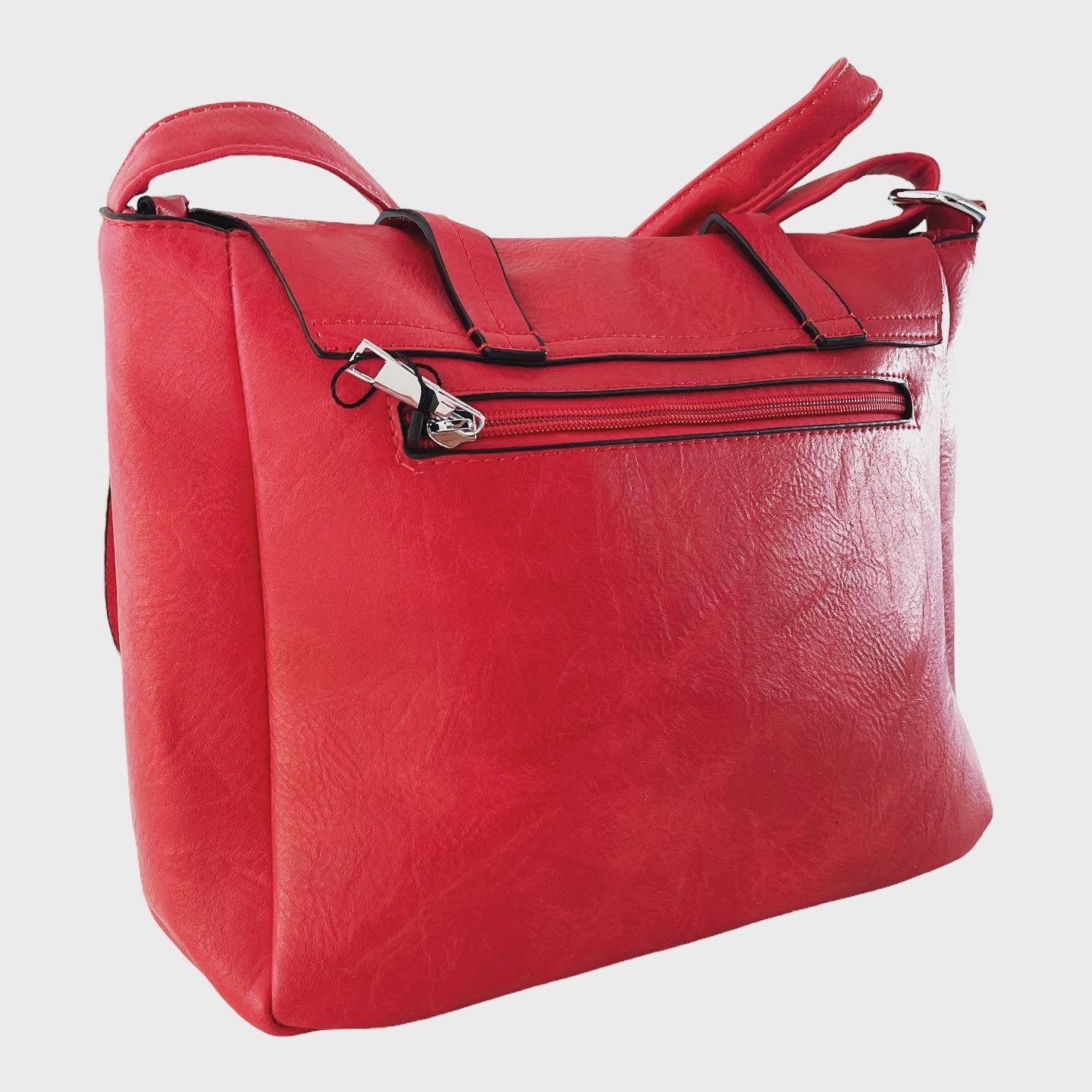 Rote Mädchentasche aus Kunstleder mit doppeltem Druckknopf und dreifachem Reißverschluss