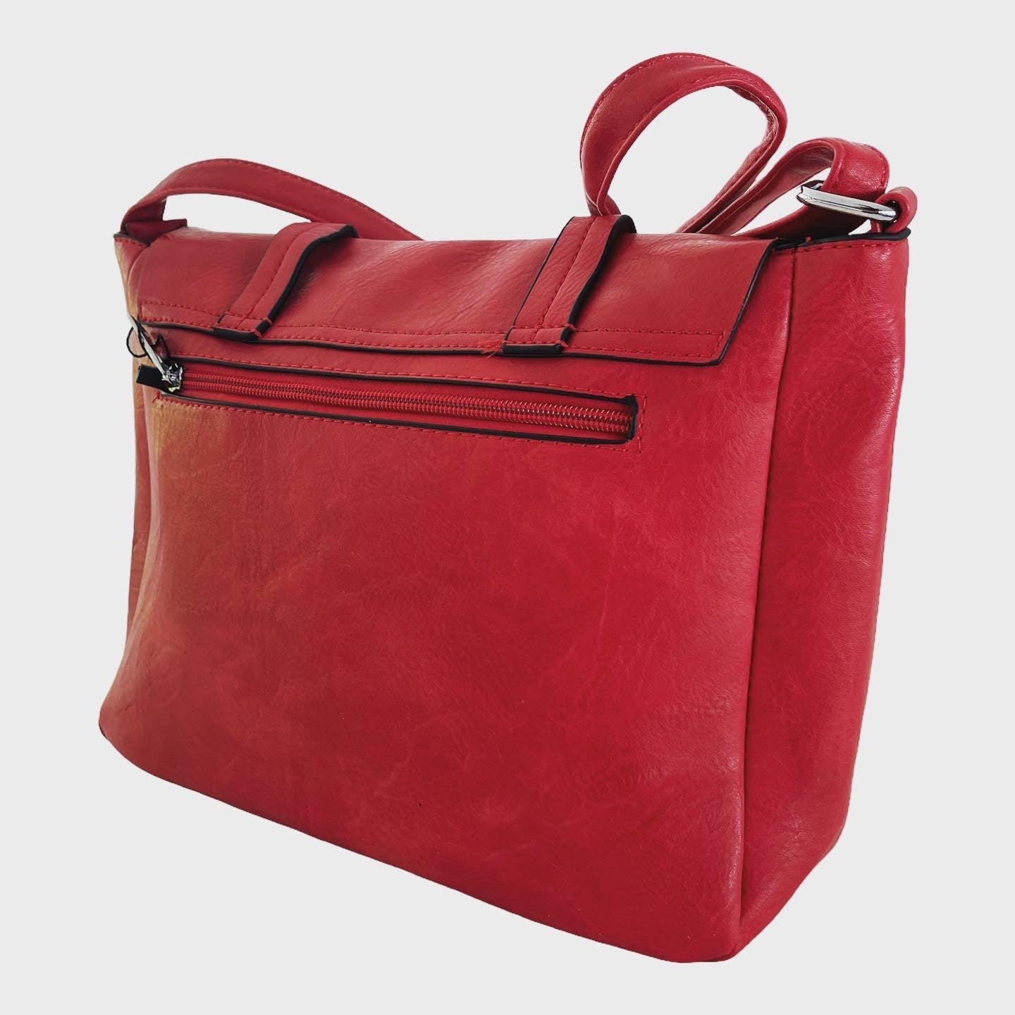 Rote Mädchentasche aus Kunstleder mit doppeltem Druckknopf und dreifachem Reißverschluss