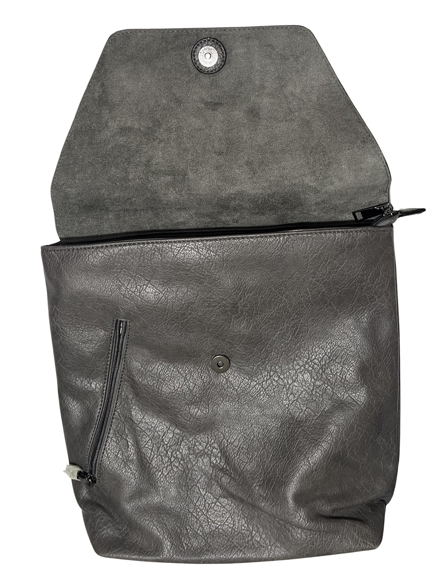 Schwarzer Kunstlederrucksack mit Stoffgriffen, Außentasche, Laptophalter bis 14 Zoll