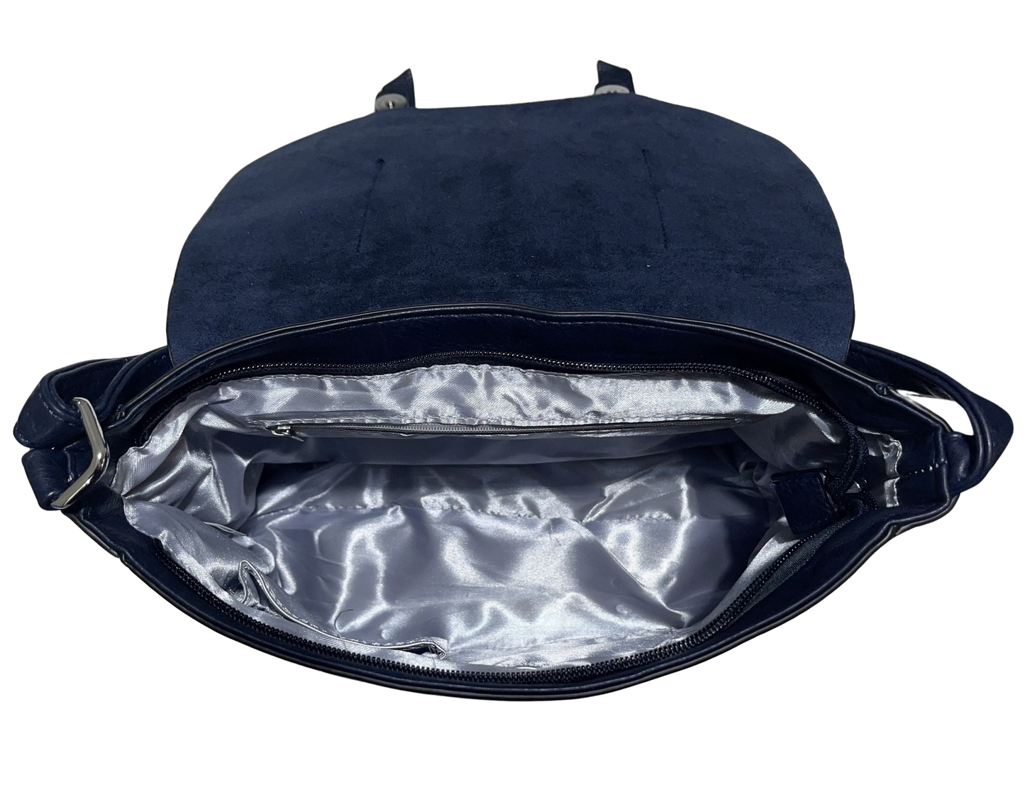Blau-schwarze Kunstledertasche mit doppeltem Druckknopf und langem Doppelreißverschluss