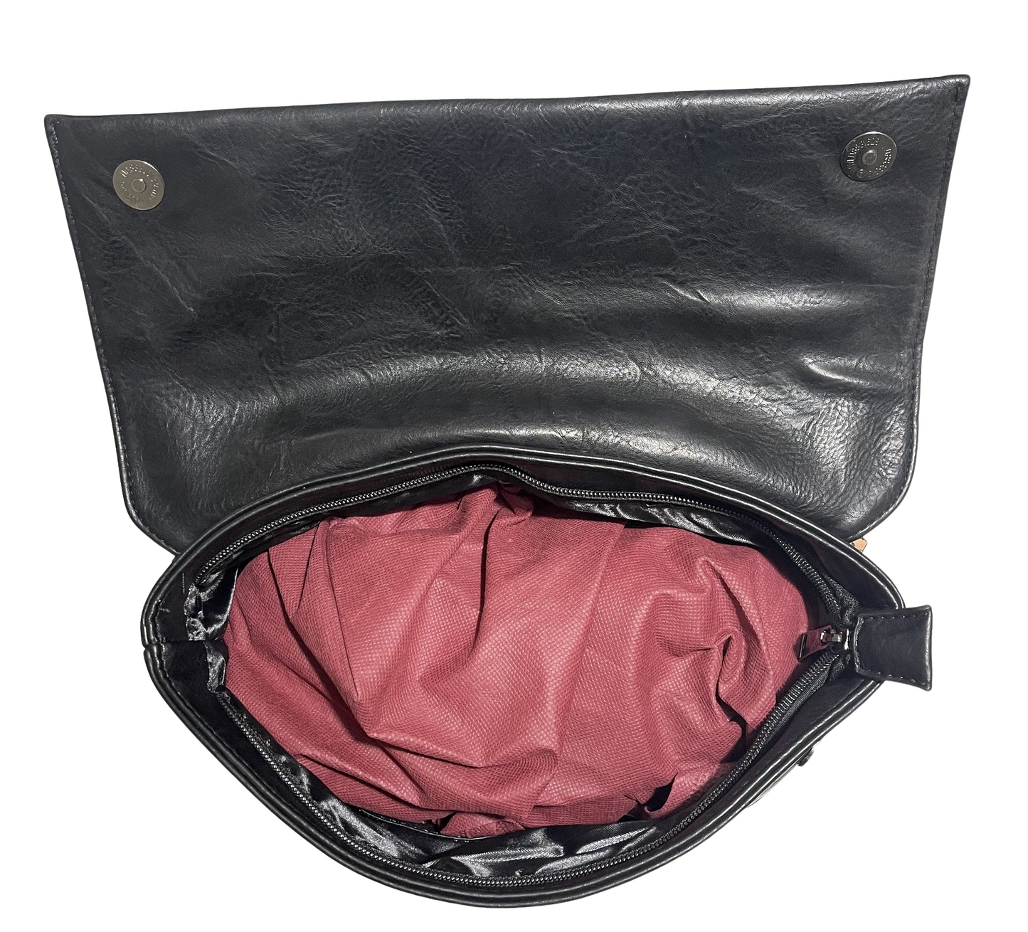 Schwarzer Rucksack mit geräumigem Doppelreißverschluss vorne und hinten