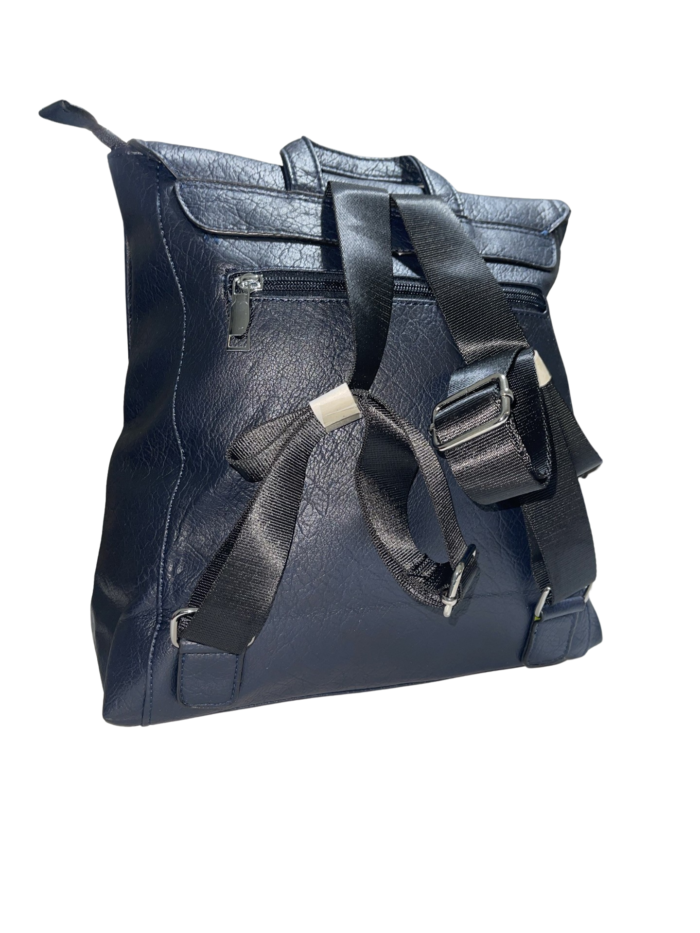 Dunkelblauer Rucksack mit doppeltem Druckknopf und geräumigem Innen- und Außenreißverschluss